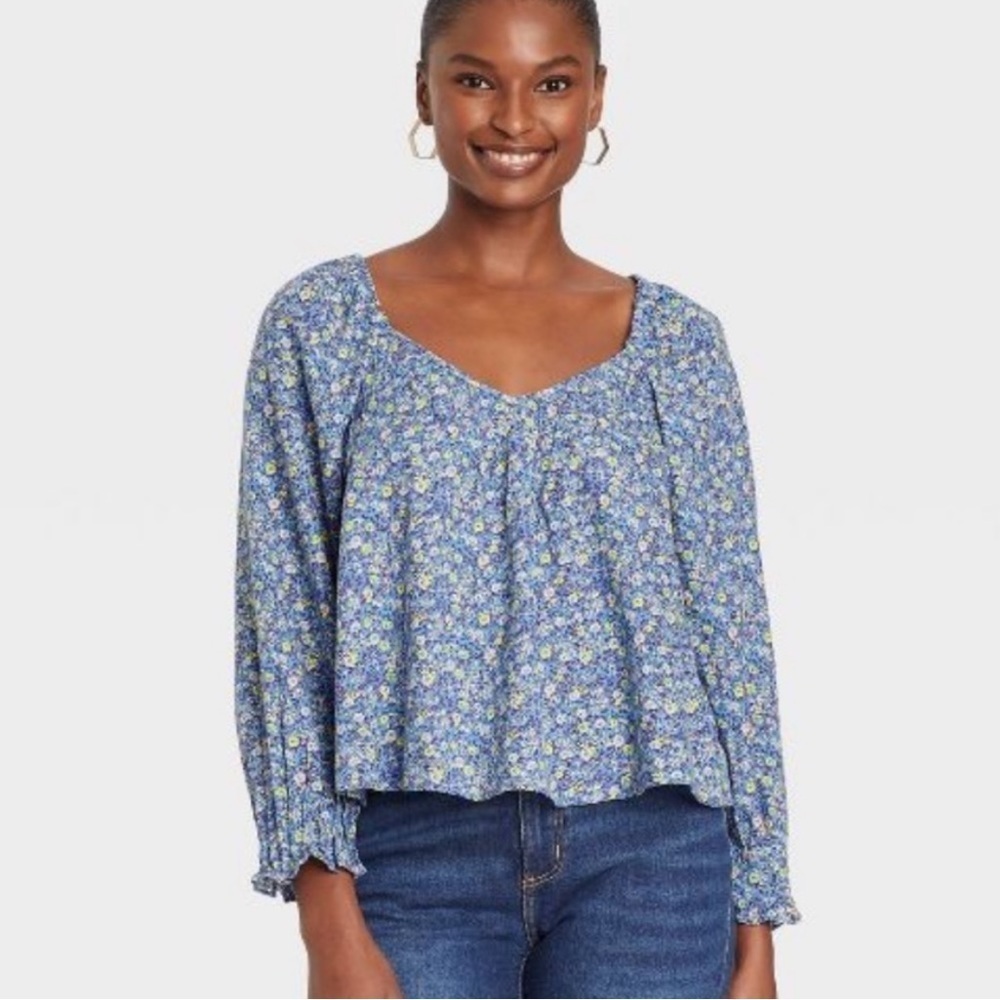 Universal thread plus size XXL Long Sleeve Pintuck Blouse blue floral new